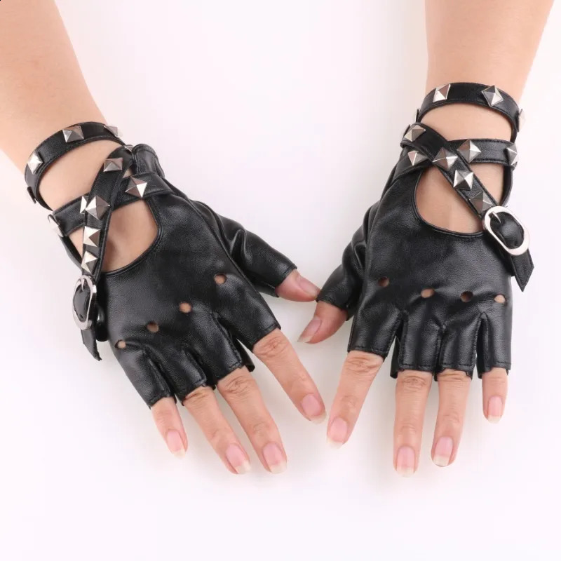 Unisex Fingerless Driving PU Leather Gloves Motor Cool Rivet Sexy Disco Dancing Rock and Roll Black Red White Punk 250811