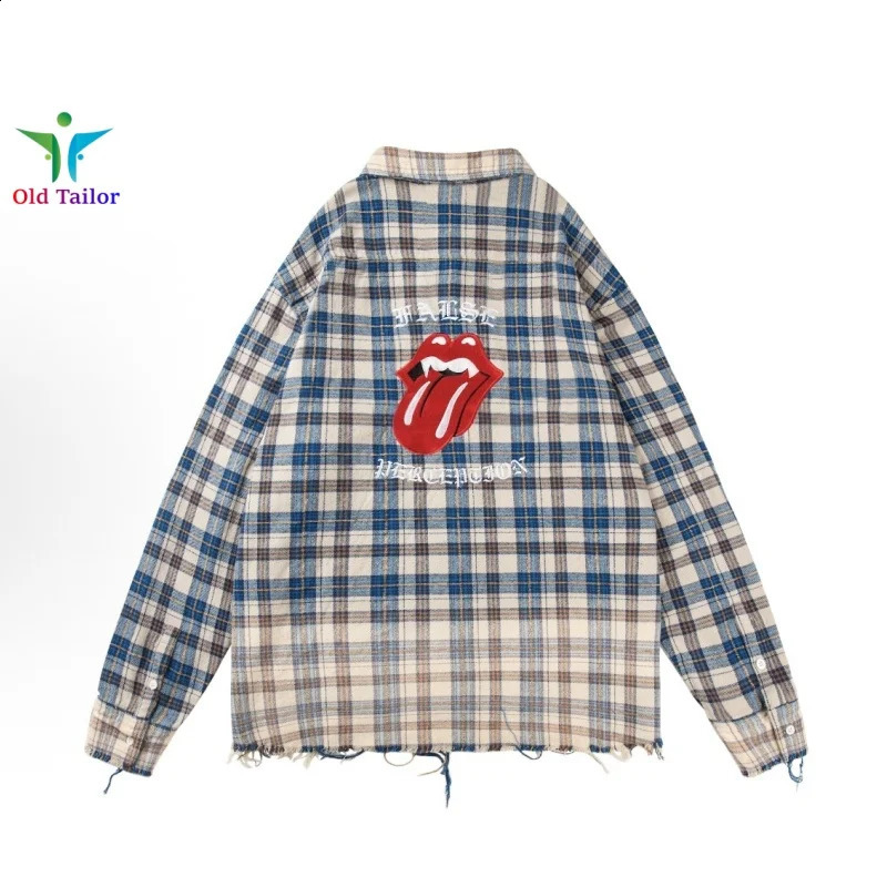 25SSFalse Perception Faded Washed Plaid Destruction Shirt Mens and Womens Vintage Blue Long Sleeve Four Seasons 250815