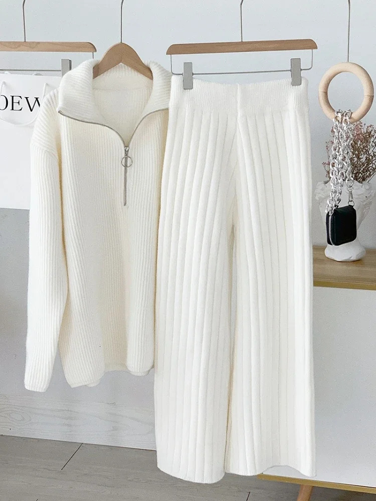 Autumn Winter Zipper Sweaters Set Thickening Warm Knitted High Waist Women Pants Suit White Elegant Two Piece fall 250818