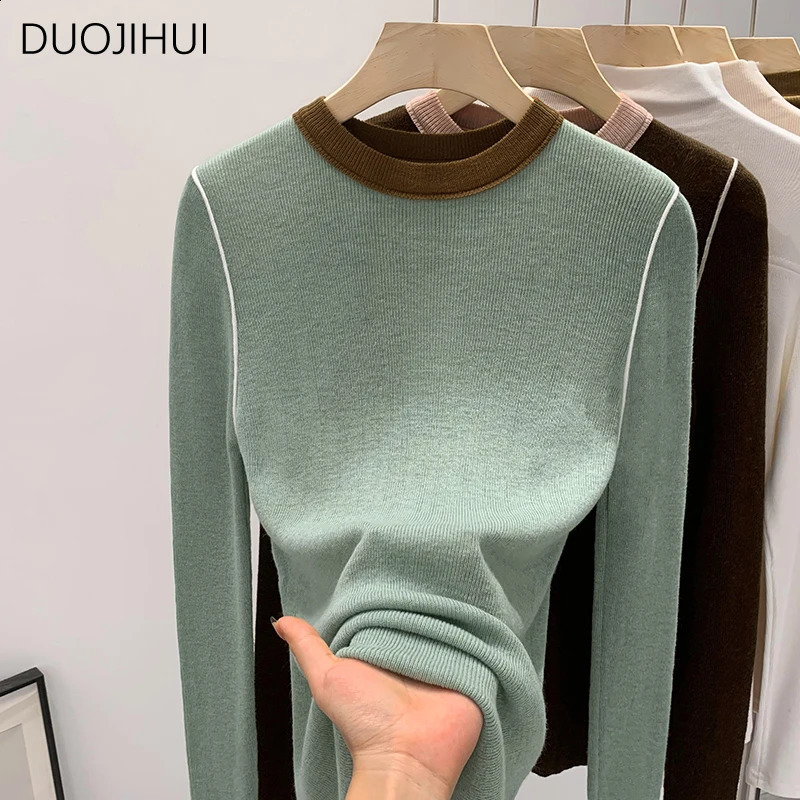 DUOJIHUI Contrast Color Vintage Oneck Knitted Women Pullovers Autumn Chicly Long Sleeve Fashion Simple Casual Female 250801
