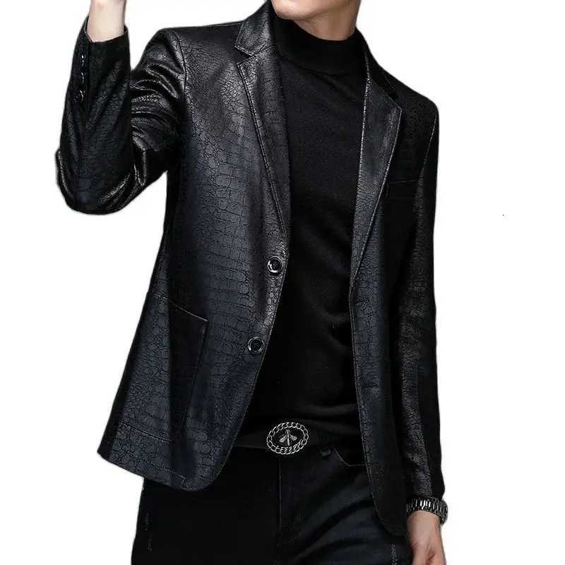 Mens Casual Spring Autumn Vintage Soft Faux Leather Jackets Classic Slim Fit Crocodile Pattern Suit Black Blazers Coats XJ250818