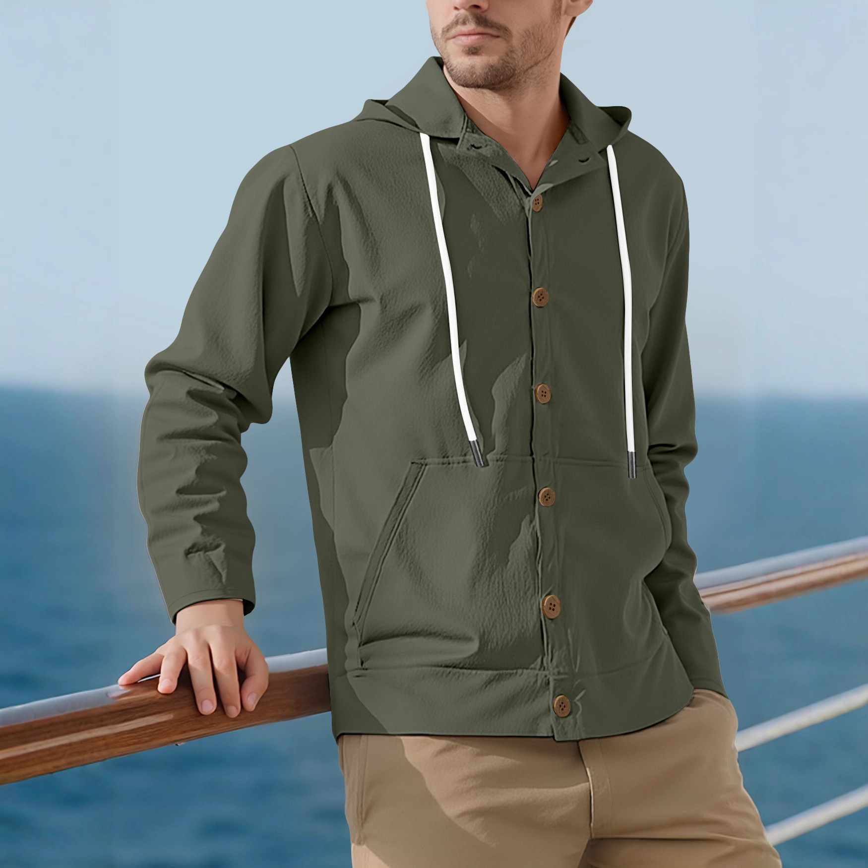 Designer jacket Men's Casual Linen Shirt Jacket - Button-Up Loose Fit Hooded Long Sleeve Beach Cover-Up European code: S-5XL