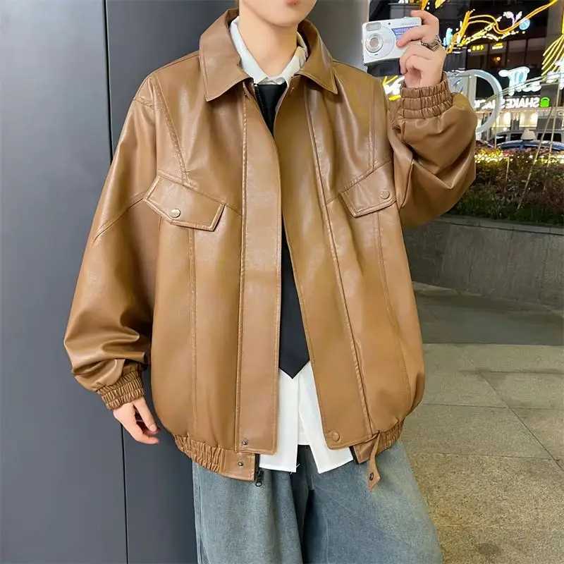 Vintage Faux Leather Jacket for Men Turn-down Collar Big Pocket Windproof Motorcycle ClothingXJ250818
