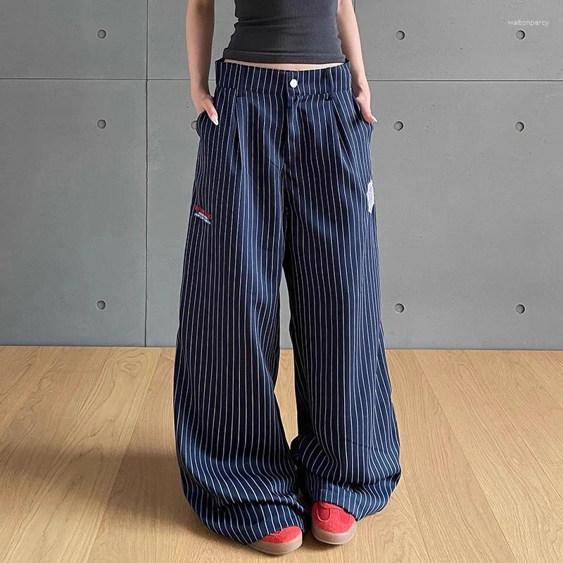 Women's Pants Women Blue Stripe Y2k Baggy Boyfriend Jeans Harajuku Vintage Wide Leg Denim Trousers Japanese 2000s Style Oversize