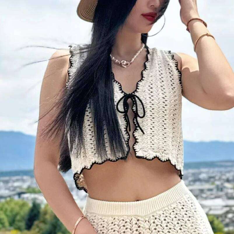 Designer Clothing 2025 Boho Crocheted Knitted Sweater Vest Women Cotton Beige Summer Beach Hollow Out Chic Tie Lace Up Slim Ladies Cropped Tank T