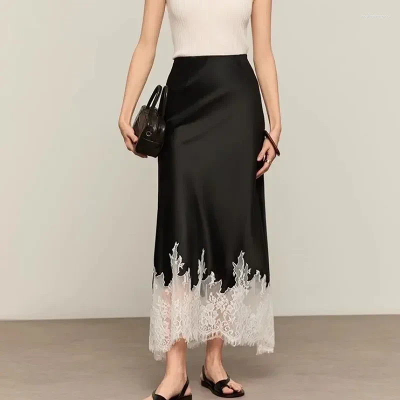 Skirts Fairy Lace-Trim Midi Skirt High Wasit Elegant Wrapped Hip Long Party 2025 Fashion Trends Summer Women Clothing