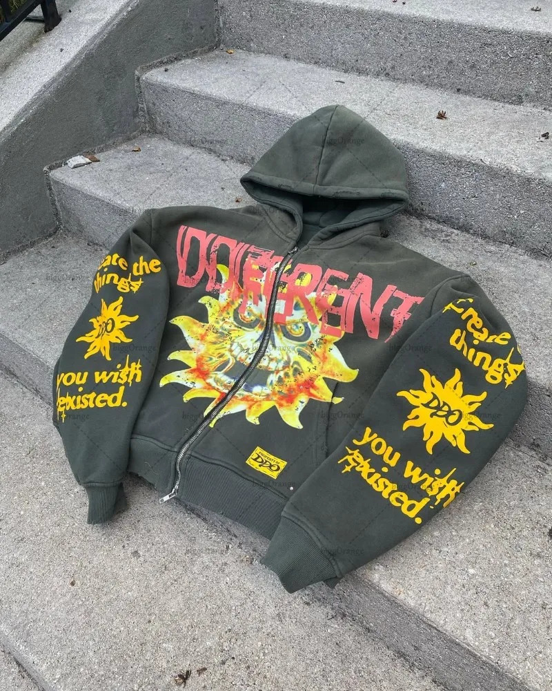 Trendy Harajuku Goth Retro Skull Cartoon Print Oversized Zipper Hoodie Men Y2k Hip-hop Rock High Street Sweatshirt Women 250815