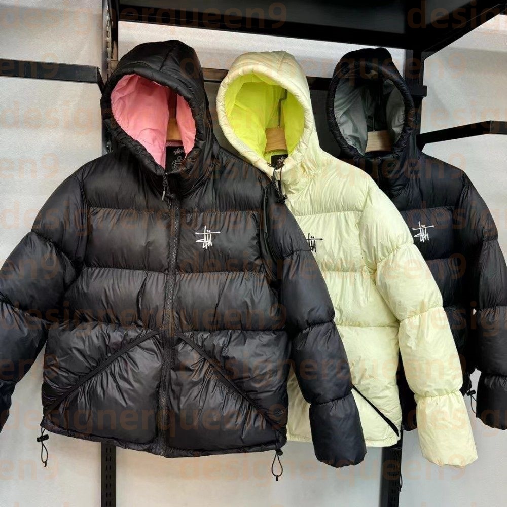 Stussysjacket Unisex Waterproof Designer Puffer Jacket - Hooded Embroidered Thick Winter Down Coat with Zip & Two-Tone Design Bread Mens and womens