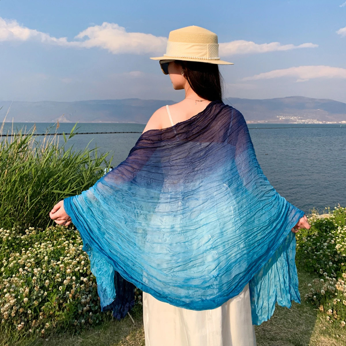 Womens gradient color linen scarf for travel fashionable versatile casual windproof sand proof headscarf womens shawl250812