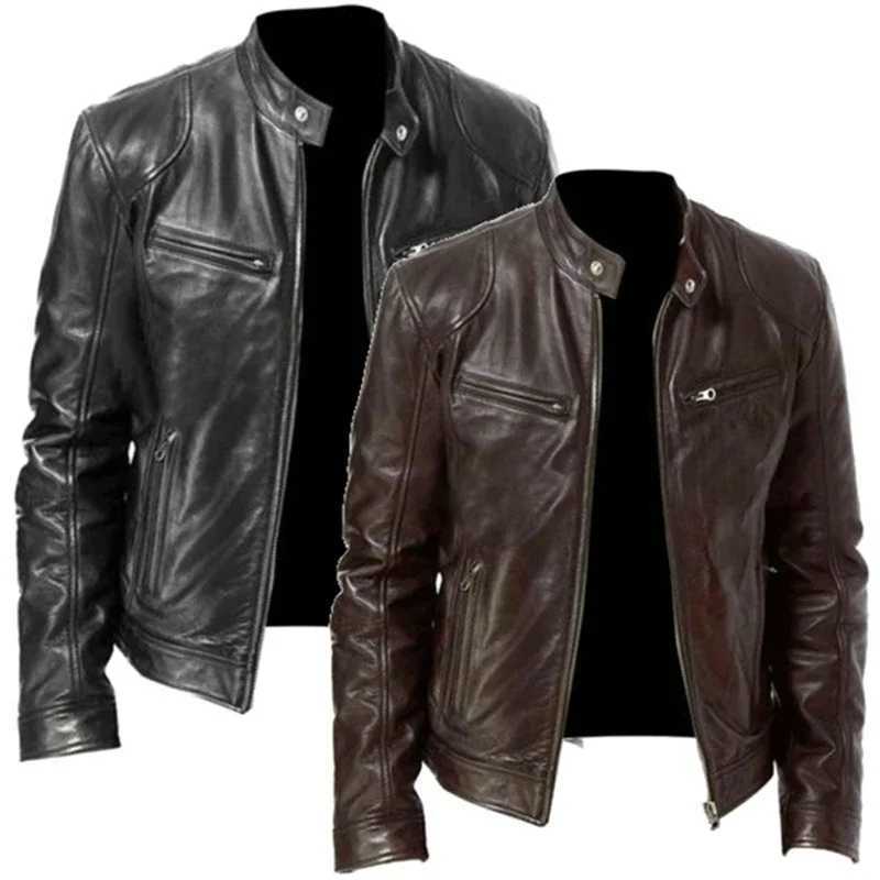 Fashion Autumn Male Leather Jacket Black Brown Men Stand Collar Coats Leather Biker Jackets Motorcycle Leather Punk Jacket XJ250818