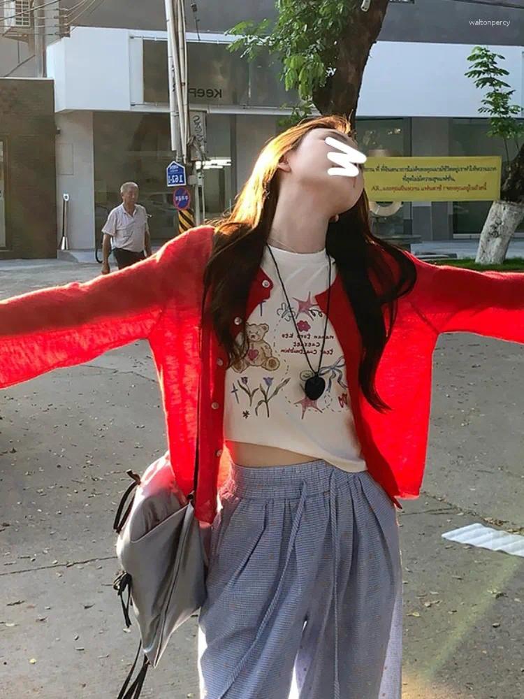 Women's Sweaters Red Ice Silk Sun Protection Light Knitted Outerwear Awl Summer Skirt Strap-On Cover-Up Top Loose Fit Long Sve
