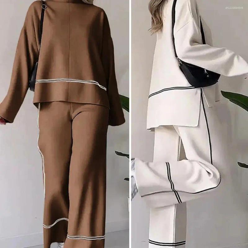 Women's Two Piece Pants Casual Women Set Spring Summer Fashion Long Sleeve O-Neck Loose Suit Female Vintage Pocket Top Wide Leg 2 Pcs Outfit