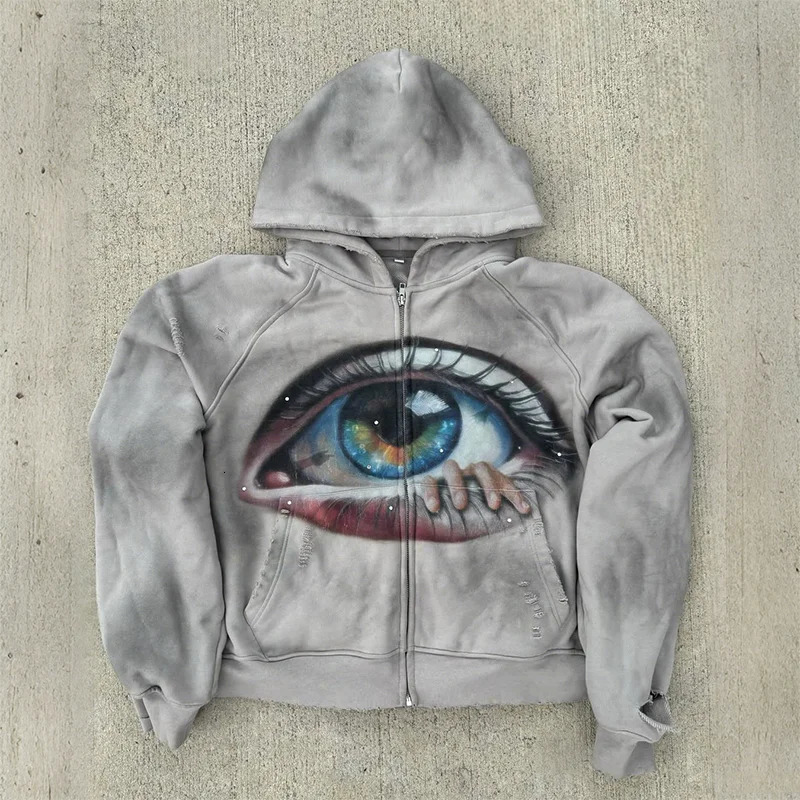 Oversize Fashion Artistic Eye Graphic Printing Comfort Distressed Zip Up Hoodie Y2K Casual Men Women Hip Hop Trend Streetwear 250818