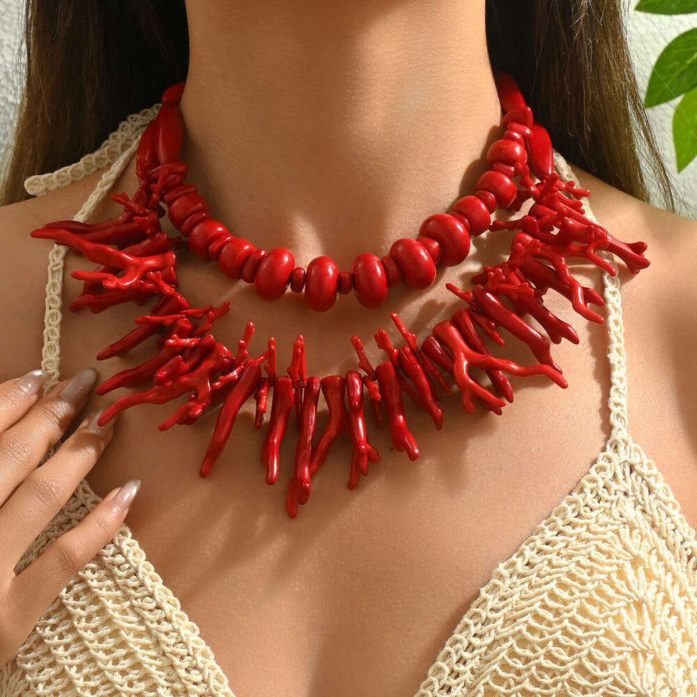 Fashion Women's Versatile Multi-layer Coral Design Long Clavicle Chain Geometric Necklace Two-piece Set for Women