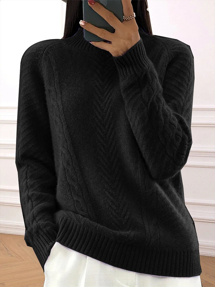 Plus Size Stranded Knit Ribbed Pullover Sweater Casual Solid High Neck Long Sleeve Suitable for Autumn and Winter 250801