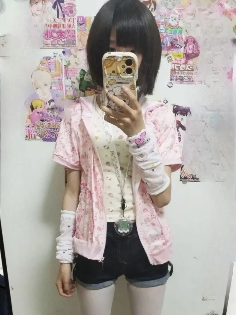 Japanese Kawaii Cartoon Print Summer Thin Short Sleeve Coat Women Vasual Cute Hooded Jacket Y2k Aesthetic Sweet Grunge Outwear 250808