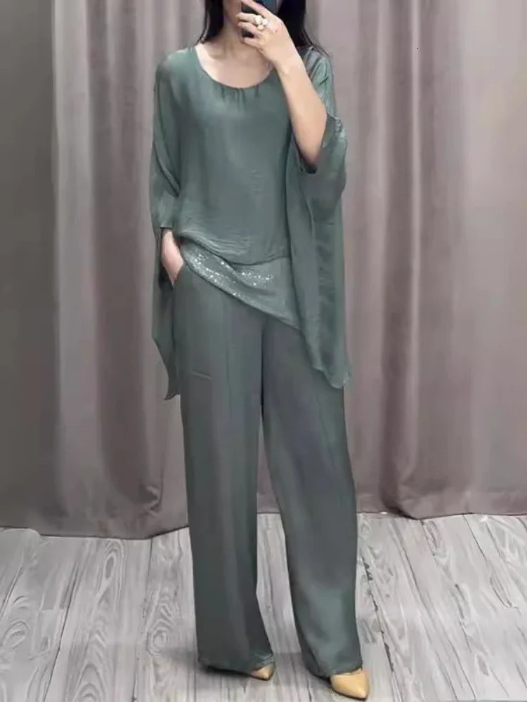 Fashion 2 pièces Set Party Tenues printemps été élégante Femmes Suit Casual Bat Wing Sleeve Blouse top avec pantalon de jambe large 250818