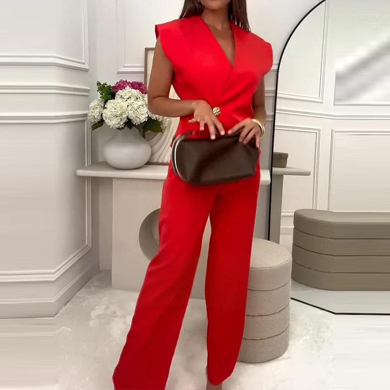 Women's Two Piece Pants Sexy V-neck Button Tops And Long Pant Set 2025 Women Casual Sleeveless Commuter Outfits Fashion Wide Legger Solid