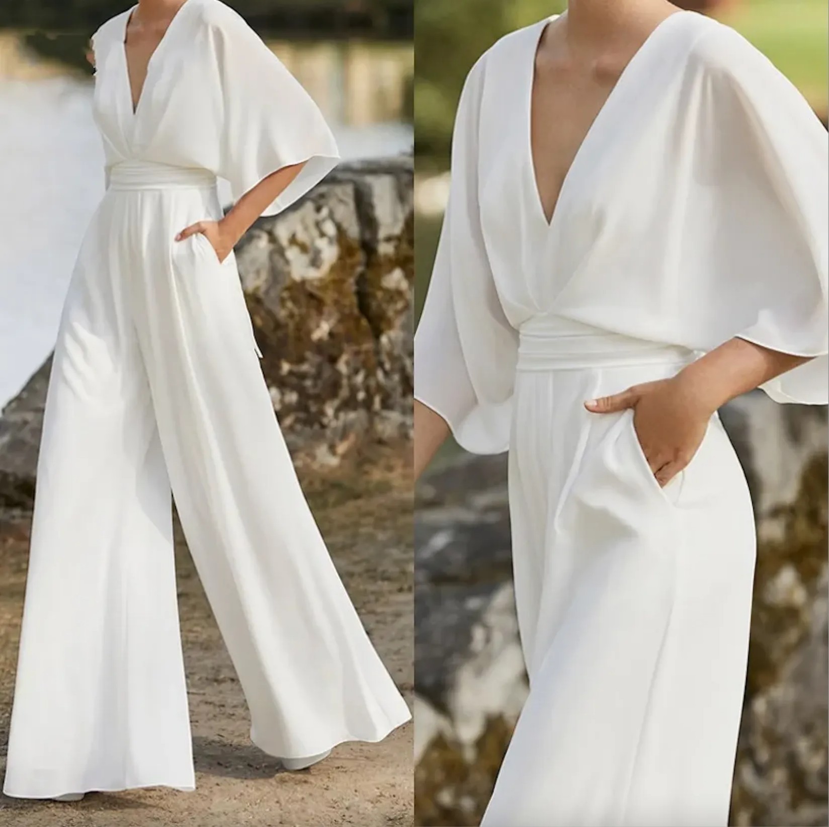 Robe de mariée simple classique Boho Lace Jumps Cuit Receipt Bridal Robes Femmes Soft Satin V-Neck Beach Pant Suit Vestidos de Noiva