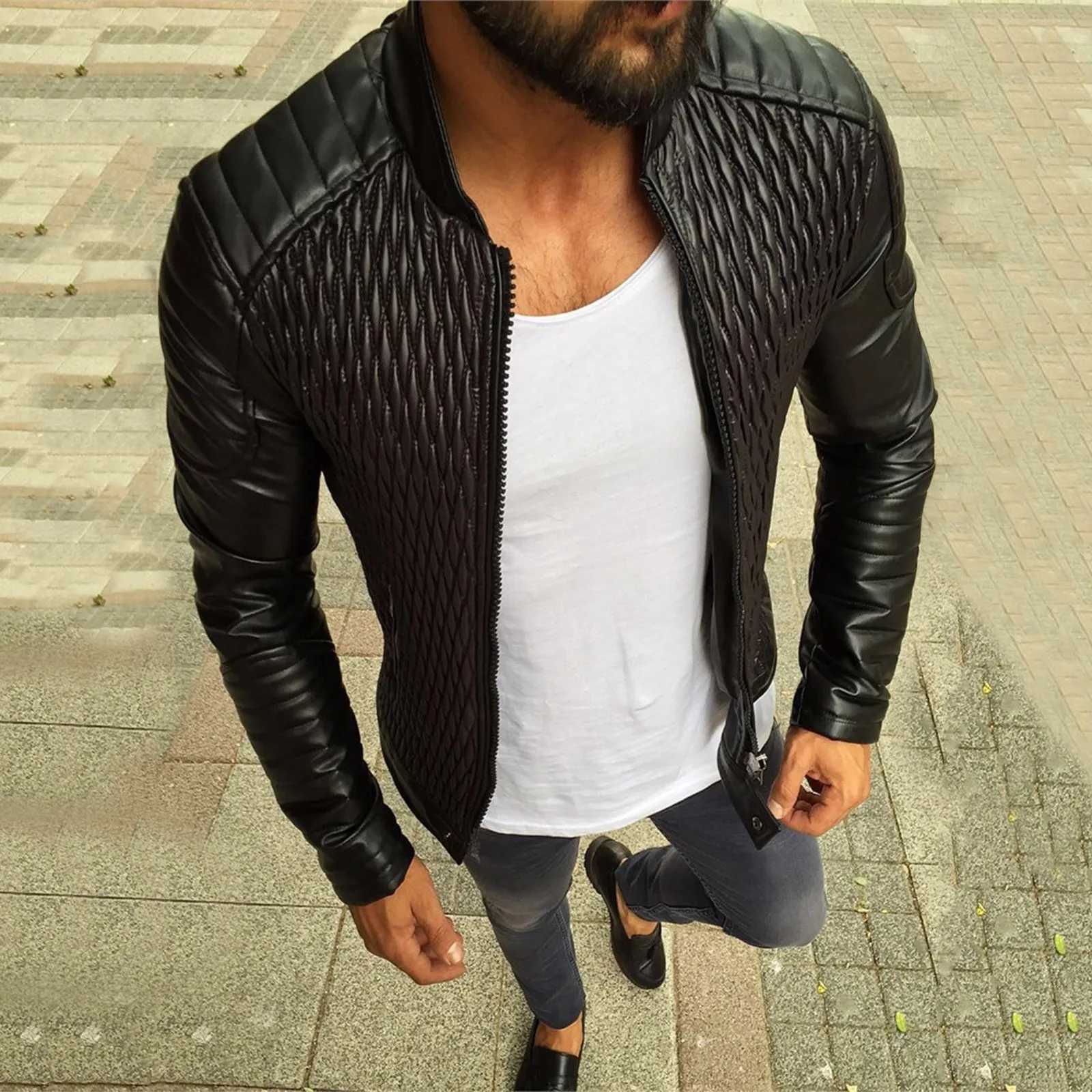 Men Motorcycle Bomber Jacket Casual Faux Leather Zipper Stand Collar Leather Jacket With Pocket Fashion Mens Top Blouse XJ250818