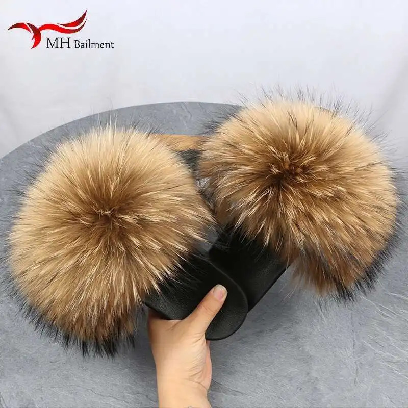 Real Raccoon Fur Slippers For Women Summer Fluffy Indoor House Fuzzy Flat Slides Outdoor Fashion Beach Sandals Flip Flops 250814