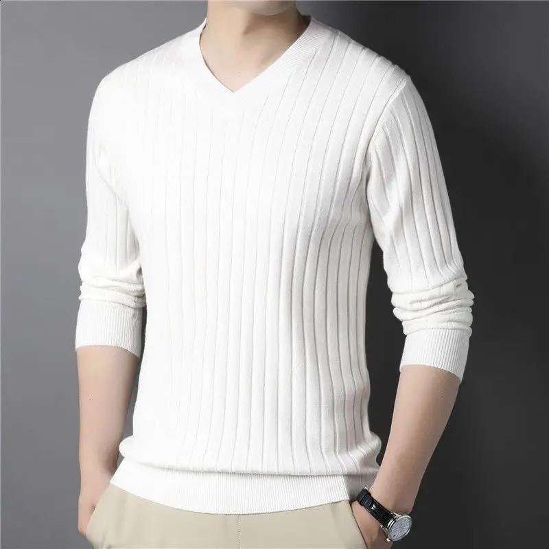 Autumn Winter Fashion Vneck Long Sleeve Pullovers Mens Clothing Thread Solid Knitting Casual Allmatch Simplicity Korean Tops 250801
