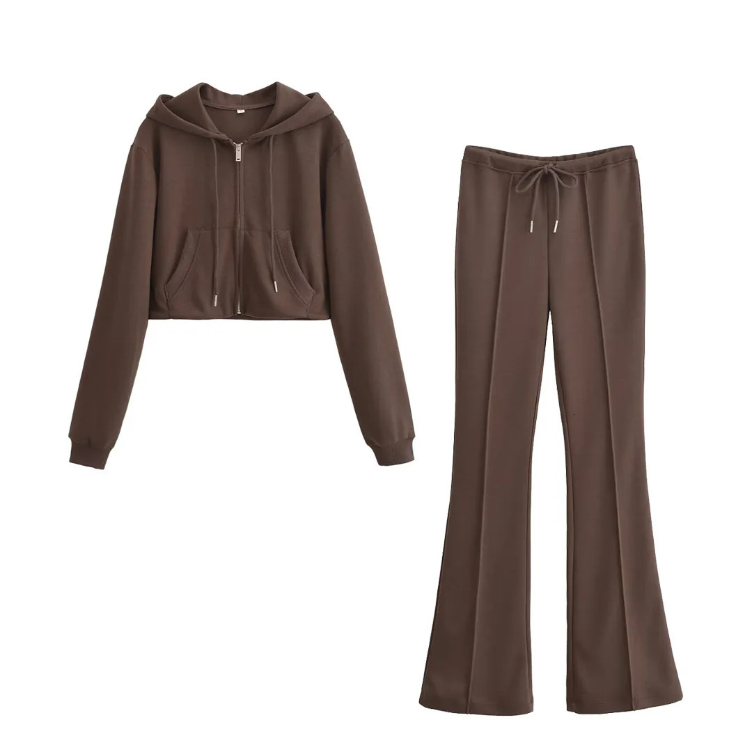 Womens Hooded Zip Up Cropped Jacket and Drawstring Flared Pants Set Cozy Stylish for Daily Sporty Looks 250818