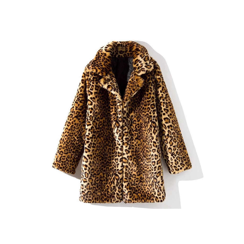 Fashion Women Faux Fur Leopard Print Coat Female Sexy All-Match Mid-Length Suit Collar Warm Outerwear