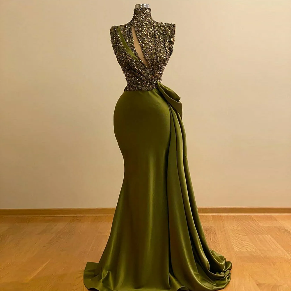 Hunter Green Beaded Mermaid Prom Dresses High Neck Evening Saudi Arabic Long Formal Party Gown