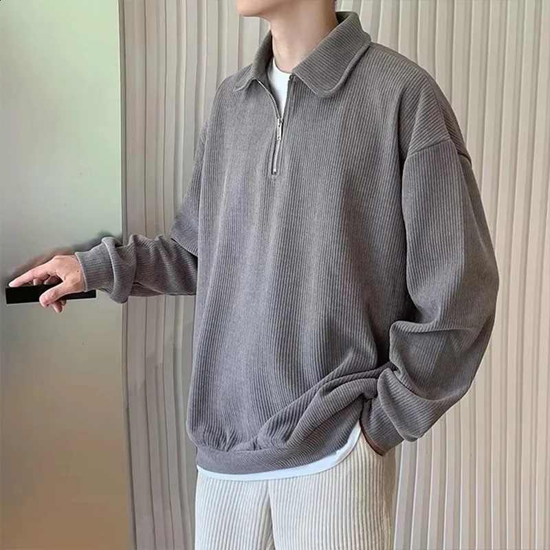 Lapel Zipper Sweater Mens Knitwear Solid Color Pullover Jumpers Vintage Long Sleeve Polo TShirts Japanese Oversized 250801