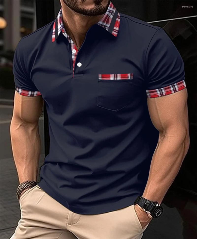 Men's Polos Summer Red Check Collar Patchwork POLO Shirt Short Sleeve Casual Fashion Chest Pocket Small Design High Quality Pullover