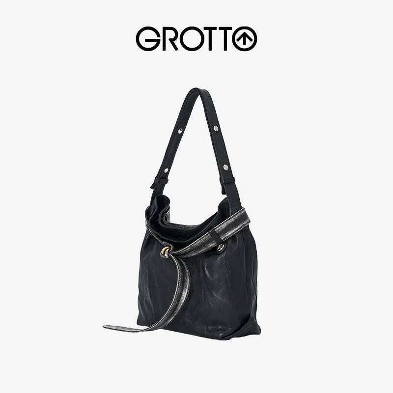 GROTTO Fashion 2025 New Wanderlust Small Size Genuine Leather Tote Crossbody Bag With Wide Shoulder Strap