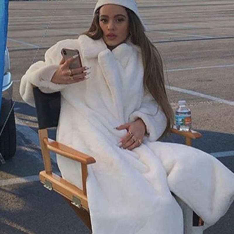 Winter women's high-quality artificial rabbit fur long coat, loose collared coat, thick and warm, plus size women's plush coat