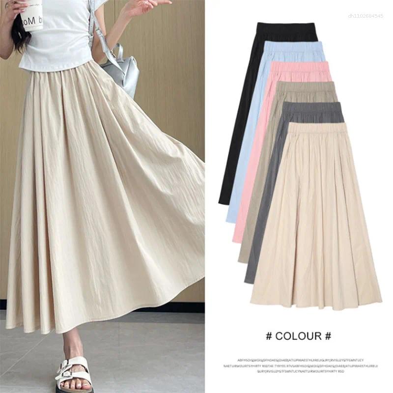 Skirts 2025 Summer Women Long Korean Elastic High Waist With Pockets Maxi Ladies Solid Casual All-Match A-Line Skirt