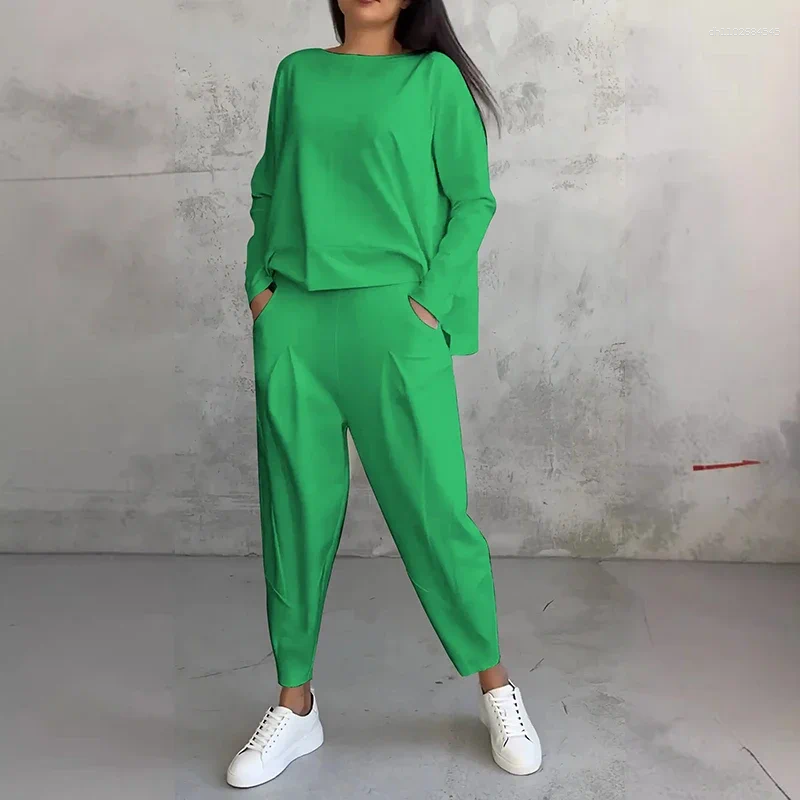 Pantalon de deux pièces pour femmes Élégant ensemble solide de poche à manches longues élégante