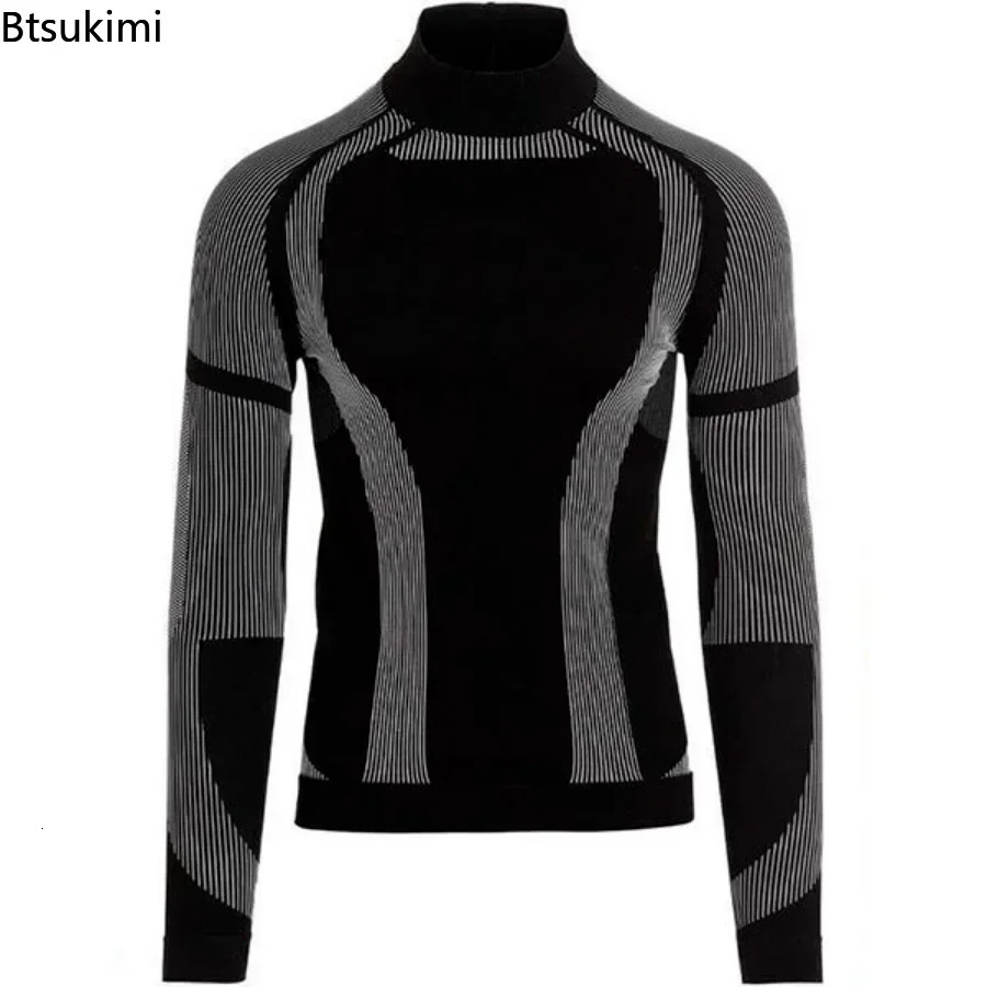Fashion Mens Long Sleeve Tight Tee Streetwear Basic Tops Clothes Man Stand Collar Slim Patchwork Pullover Male 250818