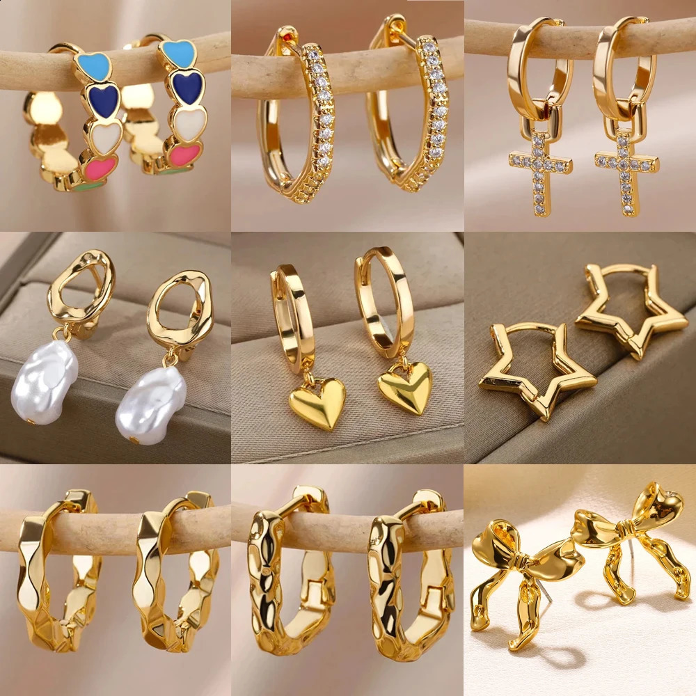 Boucles d'oreilles en acier inoxydable de cœur pour femmes zircon gold couleur cercel boucle oreille esthétique étanche oreille perçante accessoi