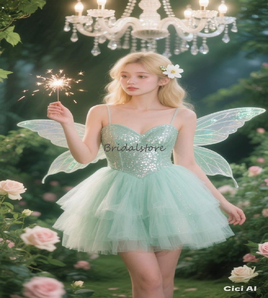 Sparkly Mint Sequin Prom Dress Fairy Elf Short Evening Dress Mystical Tulle Formal Birthday Dress Spaghetti Straps Homecoming Graduation Dress 2025