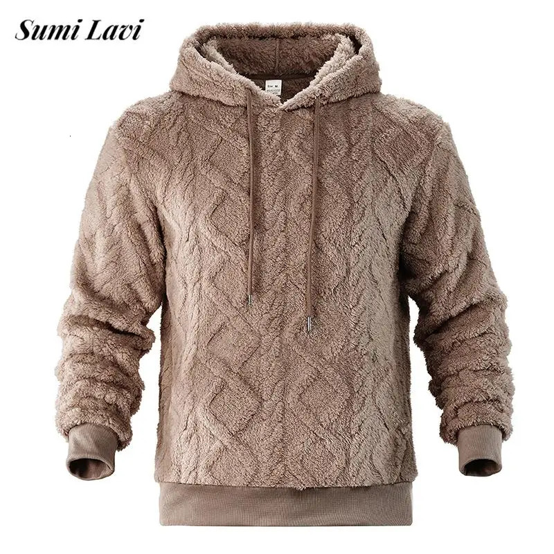 Stylish Mens Solid Color Fleece Hoodies Autumn Winter Vintage Drawstring Wool Hooded Sweatshirts Trendy Long Sleeve Hoodie 250818