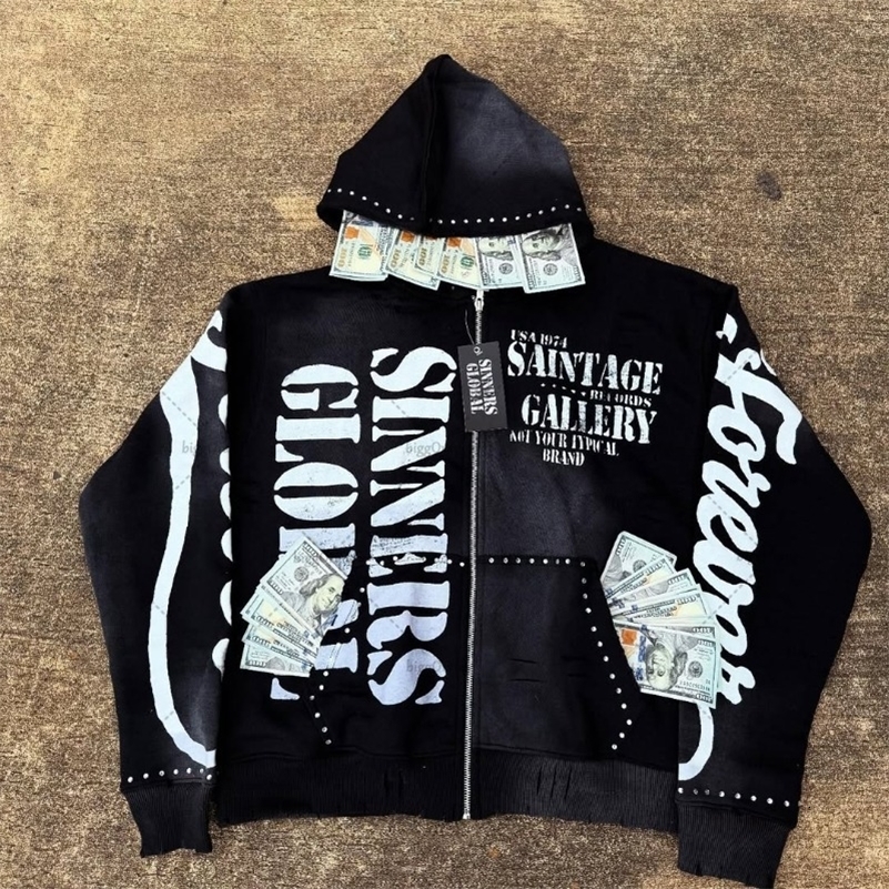 Harajuku Retro High Street Colorful Clothing American Hip-hop Trendy Zipper Hoodie Men Rock Street Oversized Sweatshirt Women 250813