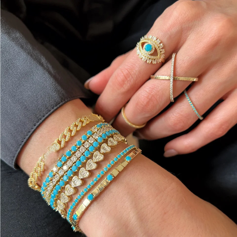 Mix White Turquoises Round 3MM CZ Prong Set Tennis Chain Bracelet Gold Color Fashion High Quality Women Jewelry 250813