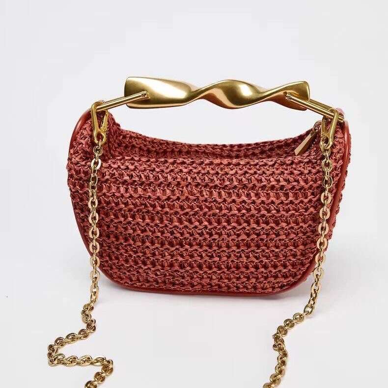2025 Summer New Metal Handle Mini Straw Crossbody Zipper Casual Fashion Woven Bag