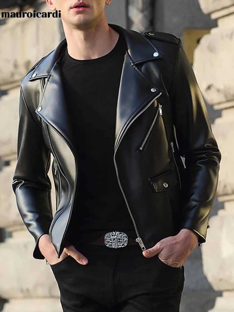 Mauroicardi Spring Autumn Short Fitted Cool Black Faux Leather Biker Jacket Men Zipper Long Sleeve Plus Size Clothing 4xl 5xl XJ250818