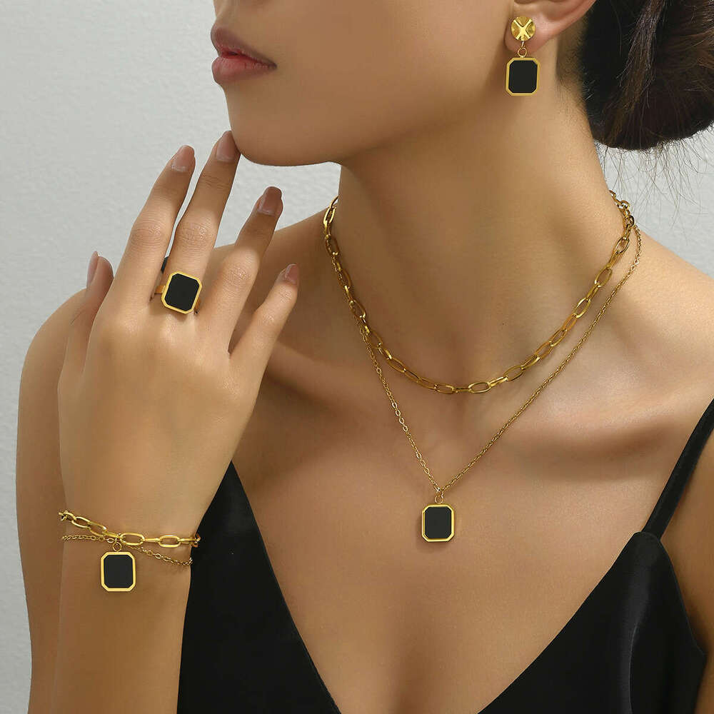 Ins High-End Double Layer Black Square Necklace Earring Set Light Niche Bracelet Index Finger Ring