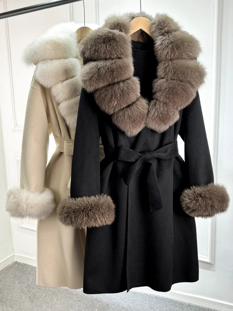 Janveny Fashion Autumn Winter Jacket Women Long Woolen Blend Cashmere Coat Belt Big Real Fox Fur Collar Warm Streetwear 250818