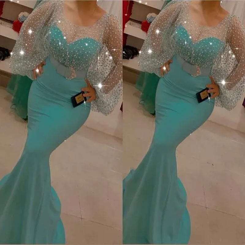 Arabic Aso Ebi Mermaid Prom Dresses Long Sleeves Sheer Neck Evening Formal Party Second Reception Bridesmaid Gowns