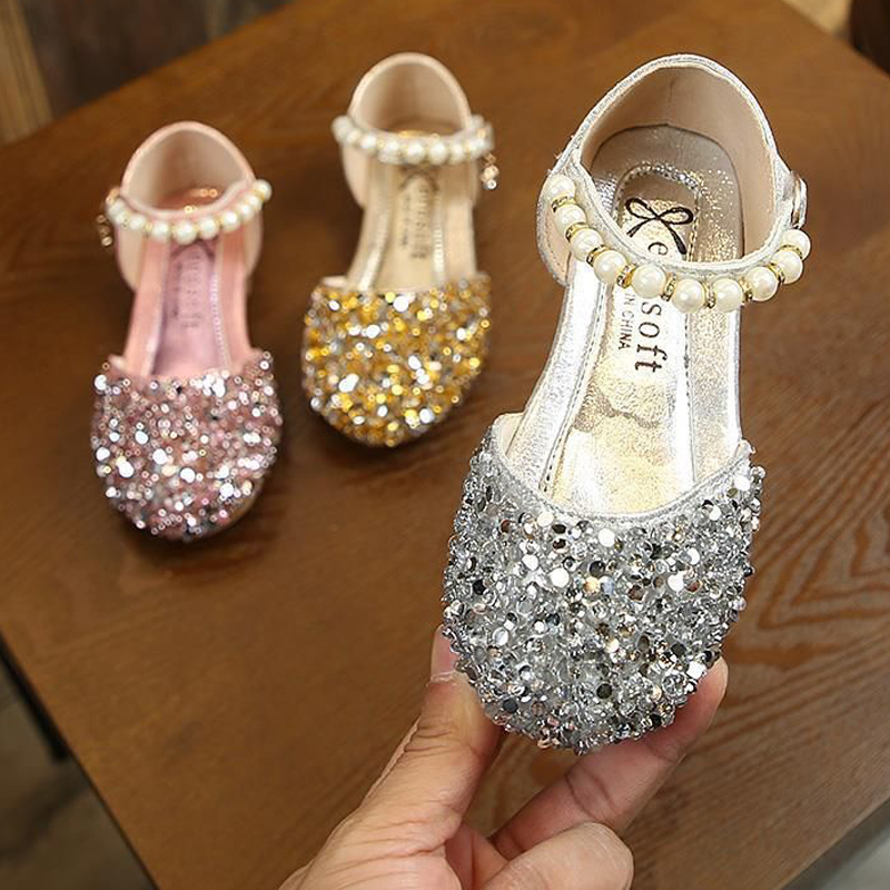 Girl Princess Shoes Sequins Pearl Silver Gold Pink Summer Spring Kidszworld Girls Sandals Cover Toe Toddler Fashion Party Dance Kids Flat Shoes Size