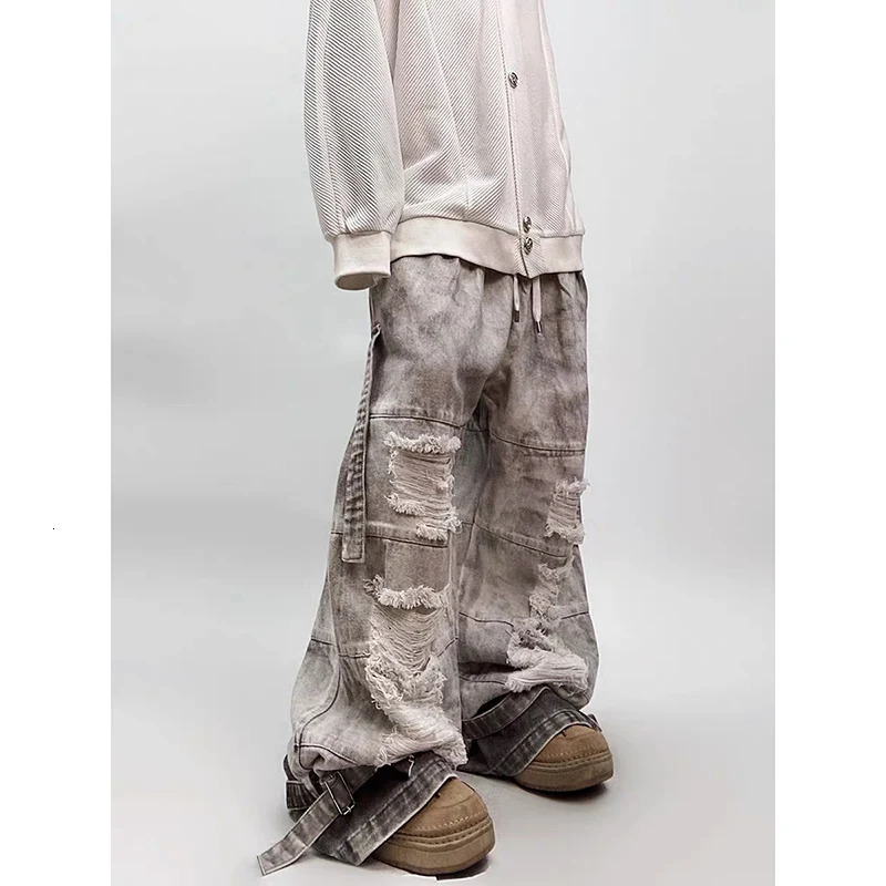 High Waist Ripped Mens Grey Jeans Hiphop Style Fashion Vintage Streetwear Y2K Wide Leg Jean 2000s Trouser Baggy Denim Pants 250818