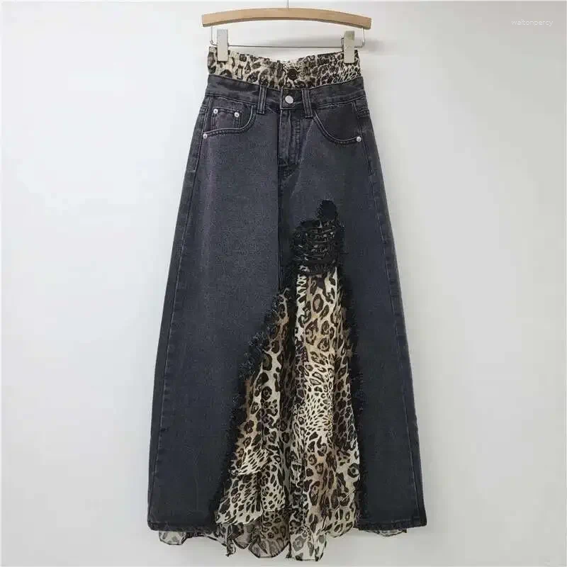 Jupes femmes jupe en jean Patchwork léopard irrégulier faux 2 pièces a-ligne taille haute longue été 2025 mode
