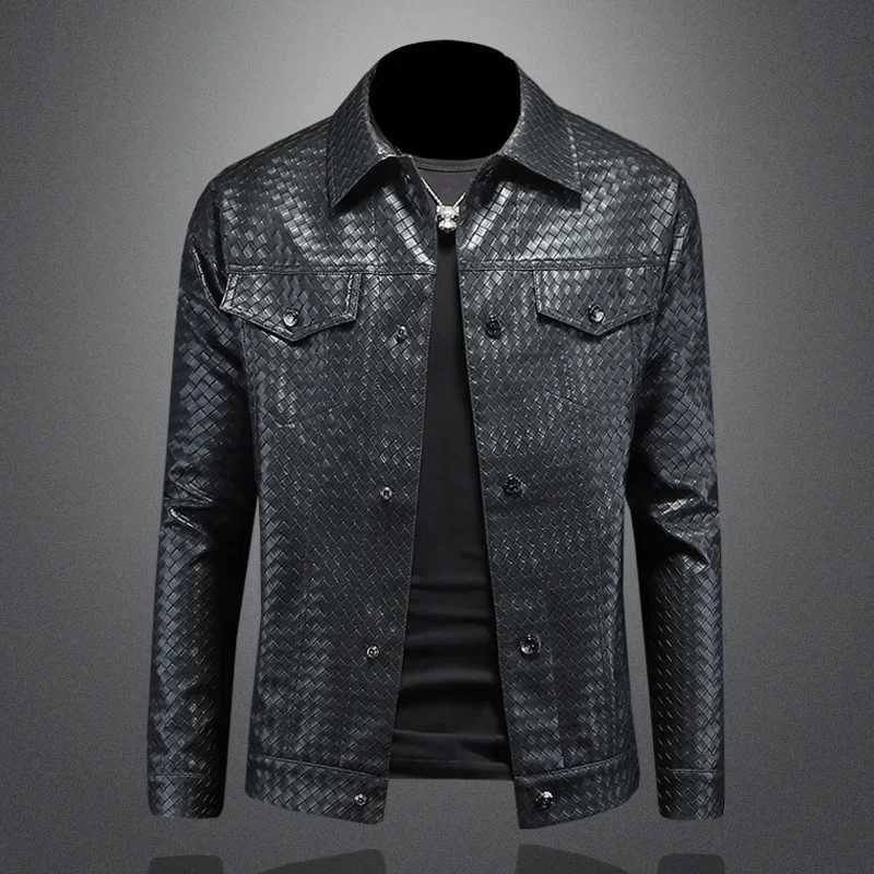 minglu Spring Autumn Faux Leather Mens Jackets Luxury Woven Motorcycle Leather Solid Color Casual Single-Breasted Mens Coats 5XL XJ250818